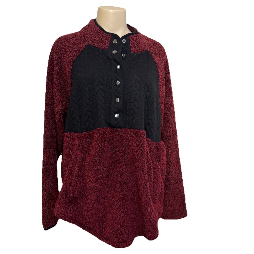 Burgundy Sherpa Snap Front‎ Pockets Dark Red Pullover Cozy Sweater Women's XL